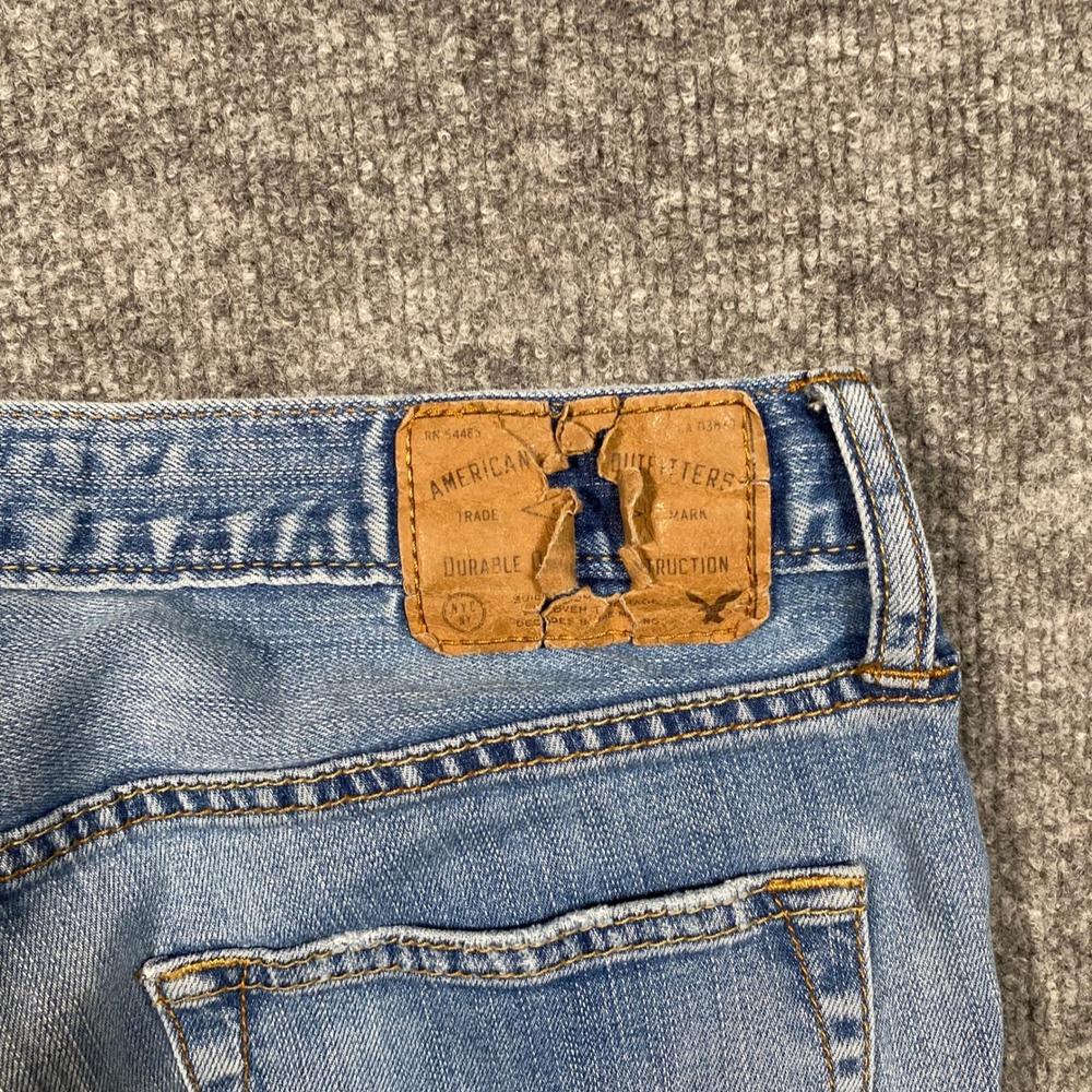 American‎ Eagle Mens Skinny Core Flex Distressed Patched Jeans Blue 32x34 - Picture 7 of 11